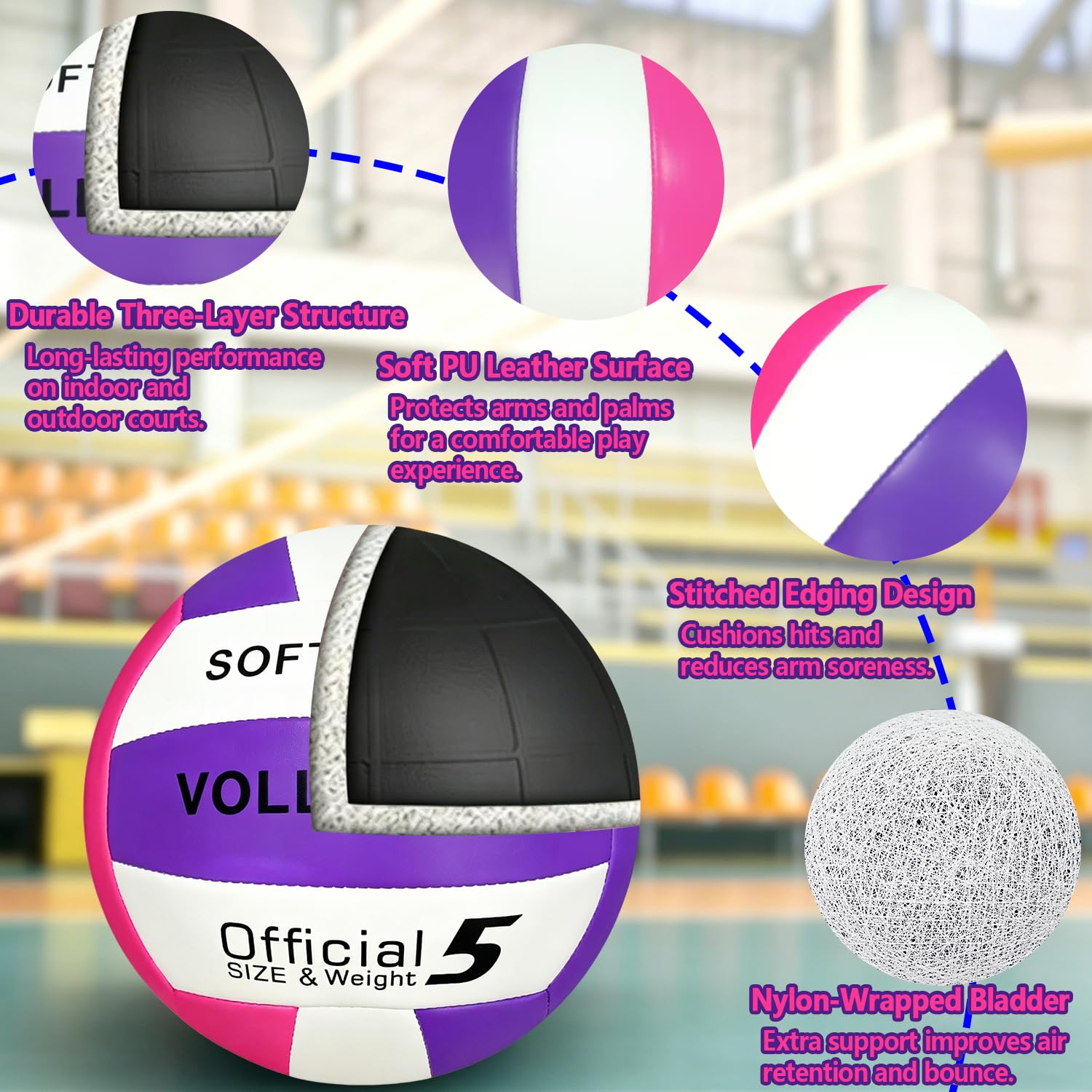 UUBEMM Volleyball Soft Touch, offizielle Größe 5, dickes, strapazierfähiges PU-Leder, wasserdicht, für drinnen und draußen, für Anfänger, Teenager, Erwachsene, Strand, Pool, Fitnessstudio
