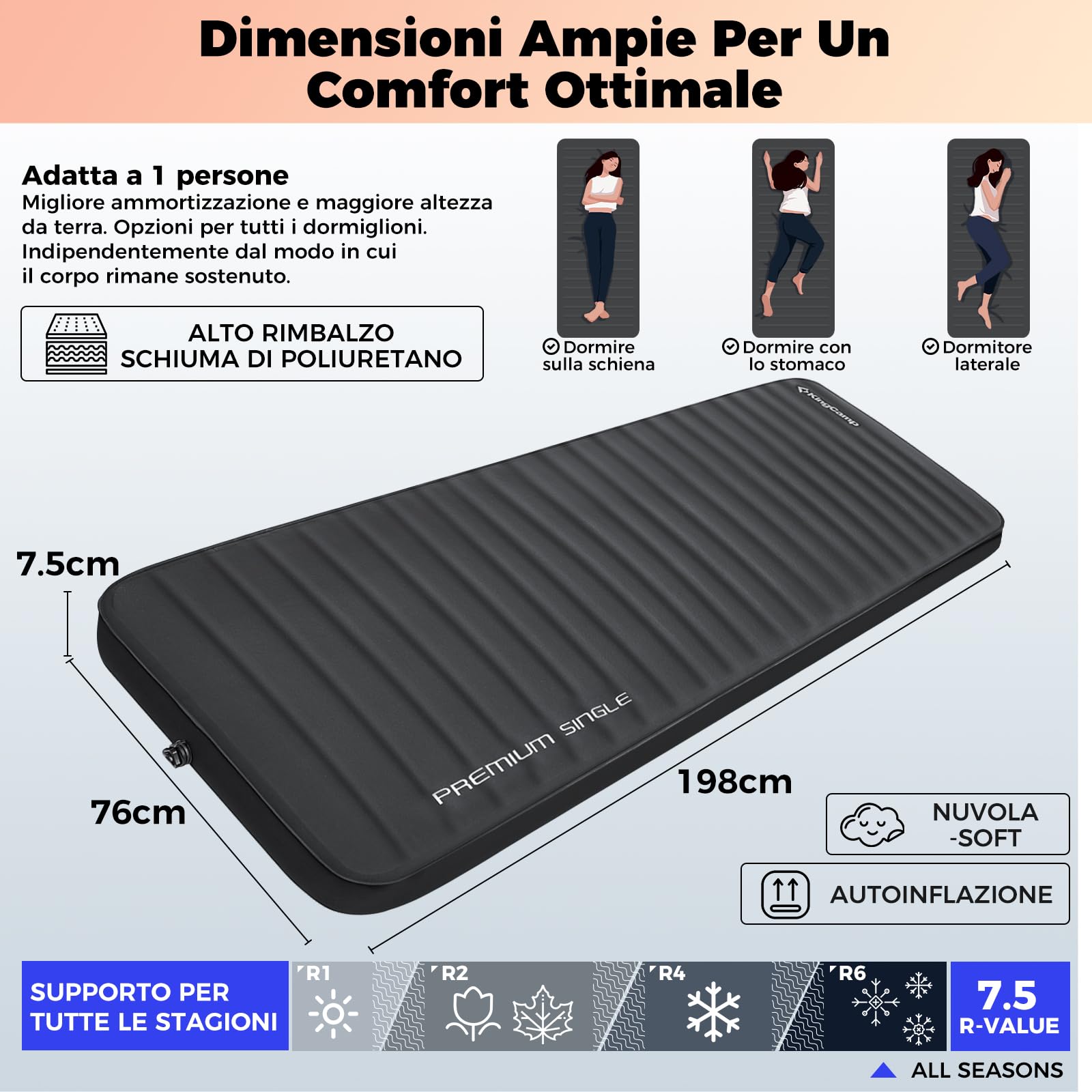 KingCamp Materasso da campeggio autogonfiante super confortevole, con struttura 3D e nucleo in schiuma per campeggio all'aperto, 198 × 76 × 7,5 cm