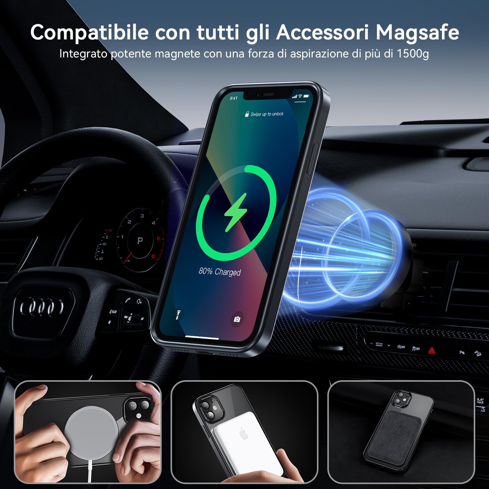 Hensinple Magnetica Cover per iPhone 11 con Vetro Temperato, Compatibile con MagSafe, Custodia Antiurto Posteriore Sottile Graffi Paraurti in TPU Bumper - Nero