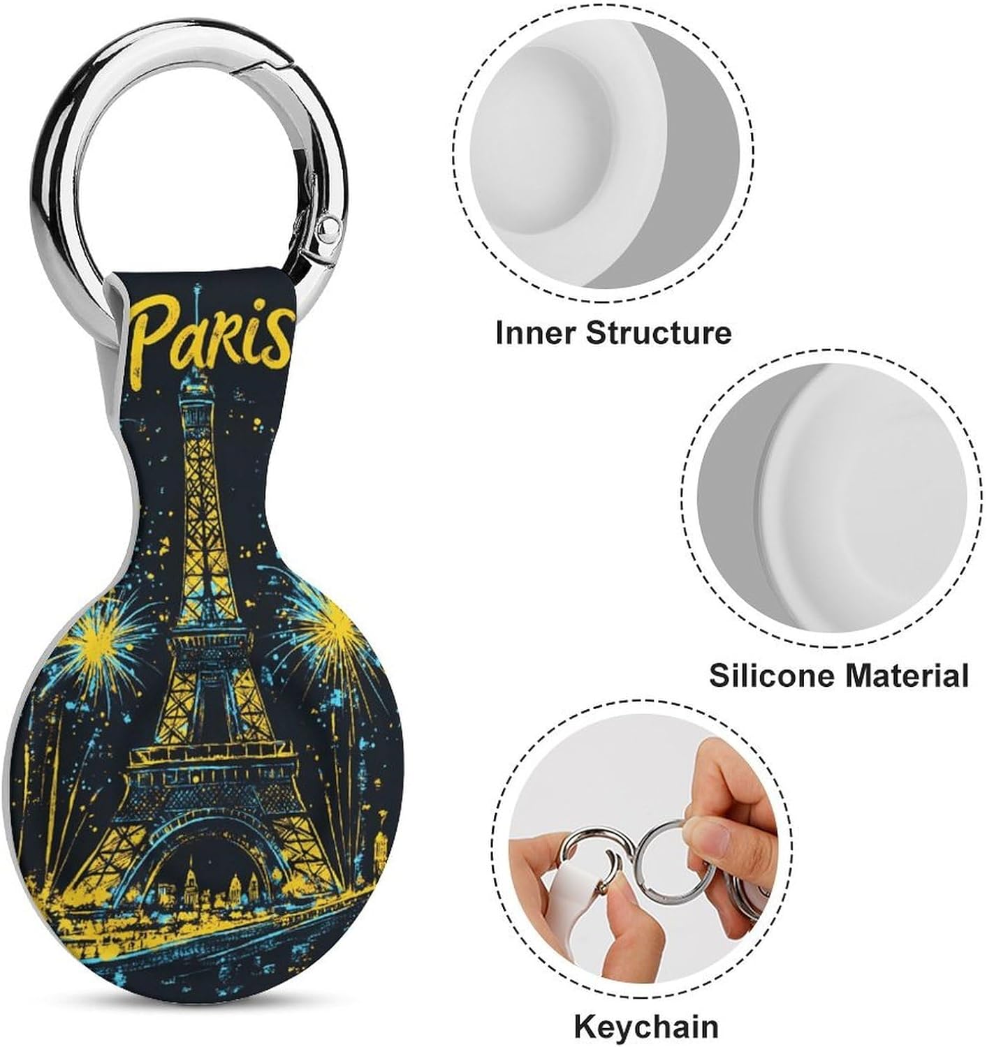 Vintage Paris Eiffel Tower Fireworks Funny Cover Compatible with AirTag Case Protector GPS Tracker Holder with Keychain