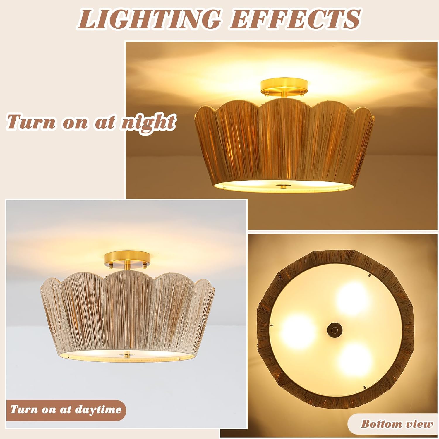 18” Boho Ceiling Light 3-Light Semi Flush Mount Ceiling Light Fixture with Woven Raffia Shade, Boho Light Fixture for Bedroom Kitchen Hallway Entryway