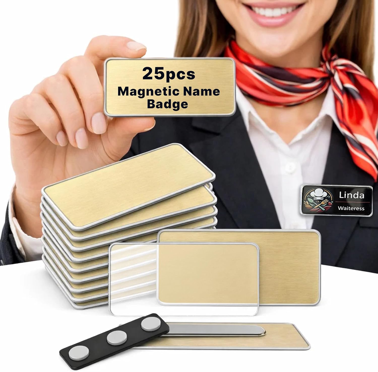 CiLoN 25 Pack Magnetic Name Badge Holder + Clear Acrylic Cover. DIY Customizable Engravable Round Corners. Reusable Magnetic Name Tags for Hotels, Restaurants, Schools, Stores & Teams. Gold, 1.5" x 3"