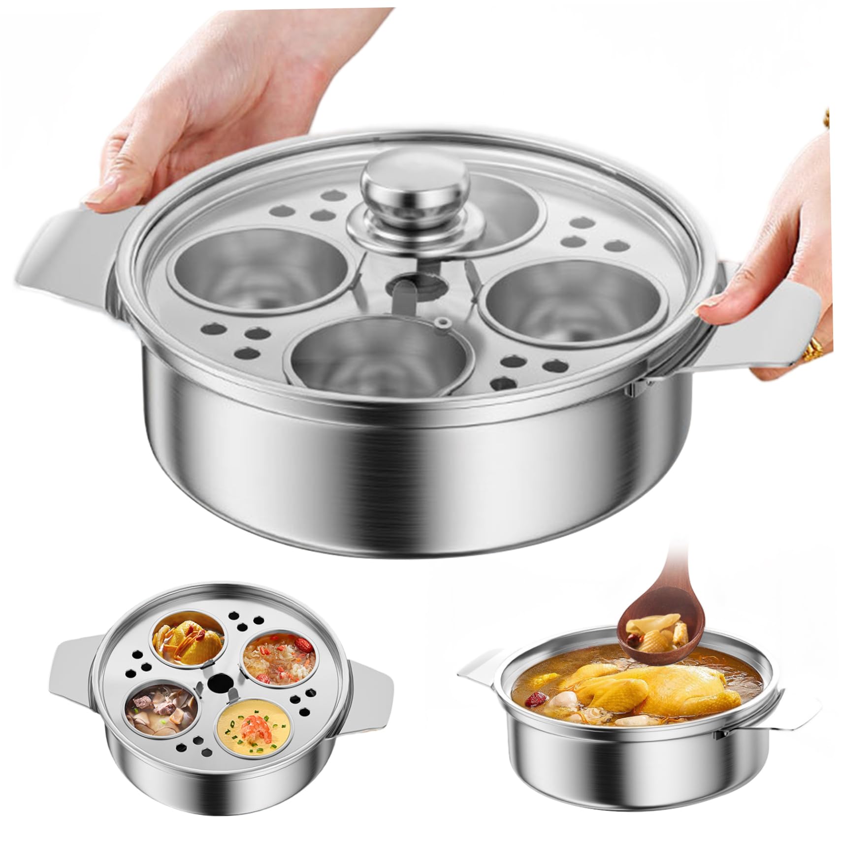 Huevo Poacher Maker de huevos escalfado de acero inoxidable con 4 tazas, olla de olla multipropósito antiadher
