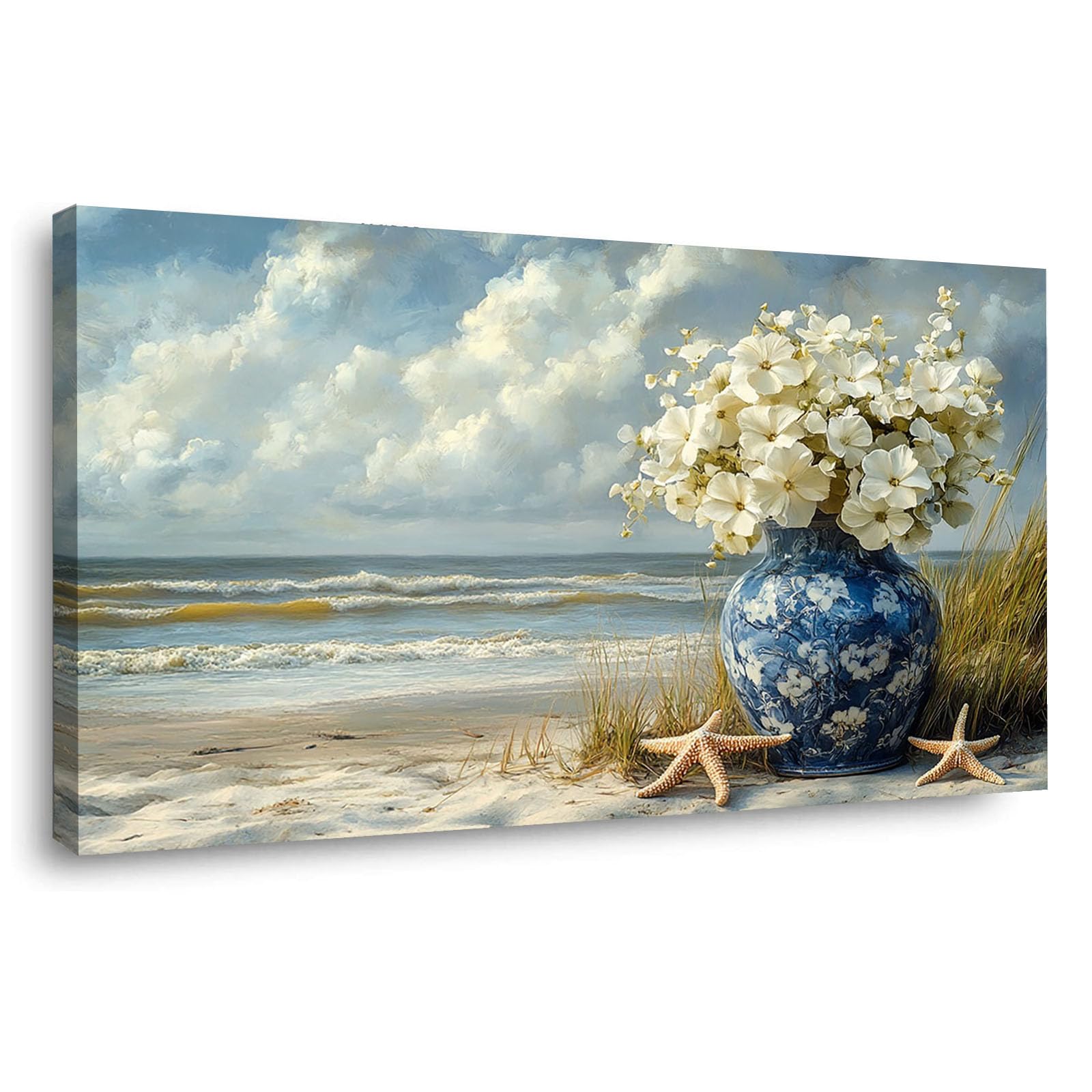 WIKEO Beach Canvas Wall Art Beach Flower Scenery Coastal Tropical Artwork Prints Pictures,for Bathroom Bedroom Living Room Home Office Wall Decor(Blue 4)-40x80cm Framed