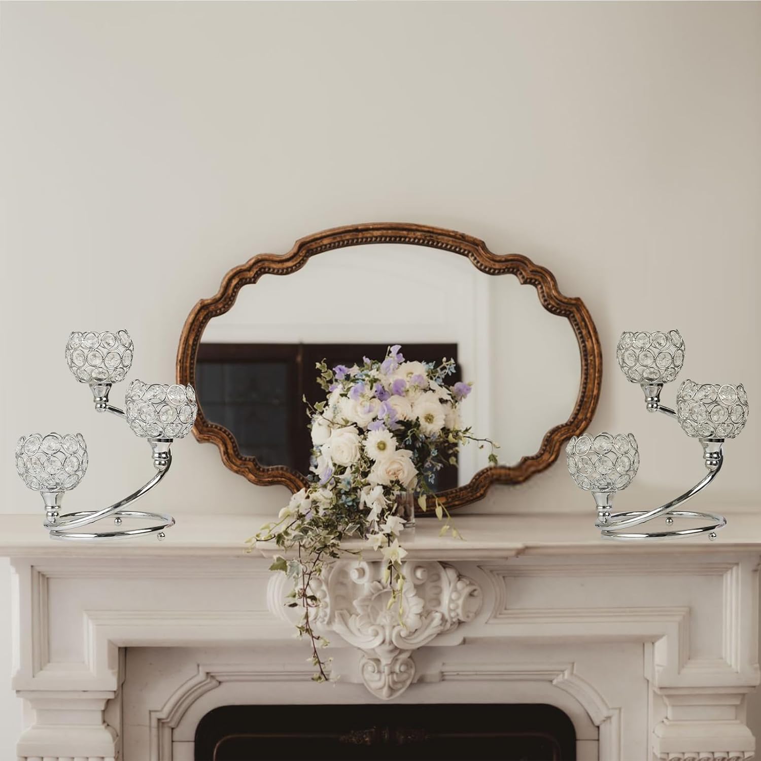 Sliver Metal Crystal Candle Holder - Modern 3-Arm Tea Light Centerpiece with Sparkling Crystal Bowl, Elegant Table Decor for Weddings, Anniversaries, Dining & Parties