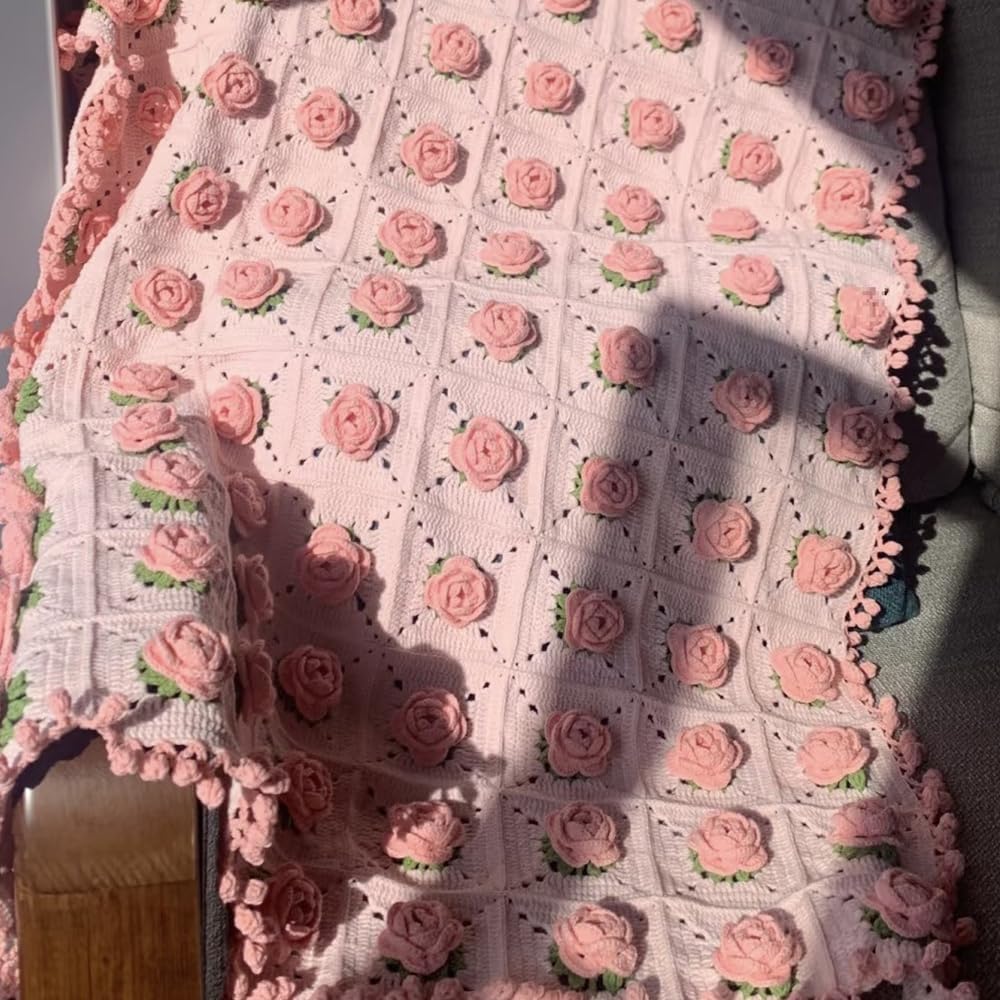 Häkeldecken-Set Häkelset Anfänger für Decke Granny Squares Häkeldecke Kit Couch Blankets Rose Floral Crochet Blanket Häkeldeckensets für Erwachsene Häkelblumenstrauß Rosa 110x110cm