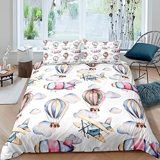 Feelyou Kids Duvet Cover Set Aircraft Hot Air Balloon Bedding Set for Kids Boys Girls Cartoon Airplane Comforter Cover Quilt Cover Bedroom Collection 2Pcs Twin Size