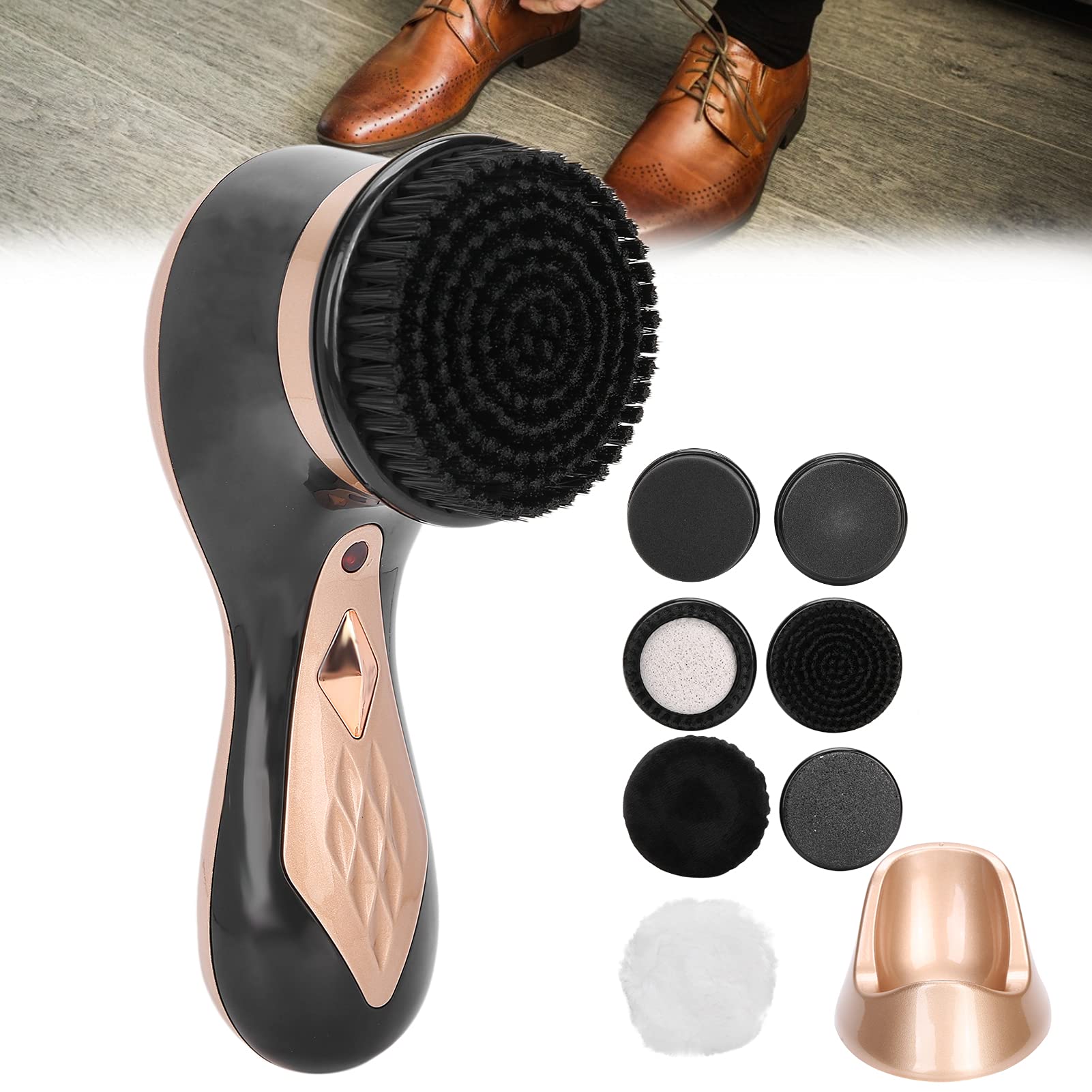 Kit Lustrascarpe Elettrico Lucidatrice Portatile Multifunzionale per Uso Domestico Viaggio Cura della Pelle e della Pelle Scamosciata 7 Testine (Oro)