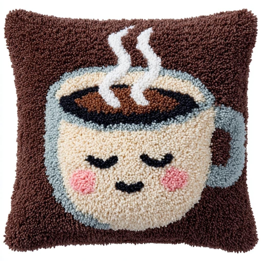 Henypt DIY Latch Hook Cushion Cover Kit 43x43cm,Cartoon Smiley face Coffee Cup Full Accessories Yarn Craft Set,Ideal Gift for Adults,Kids & Craft Enthusiasts