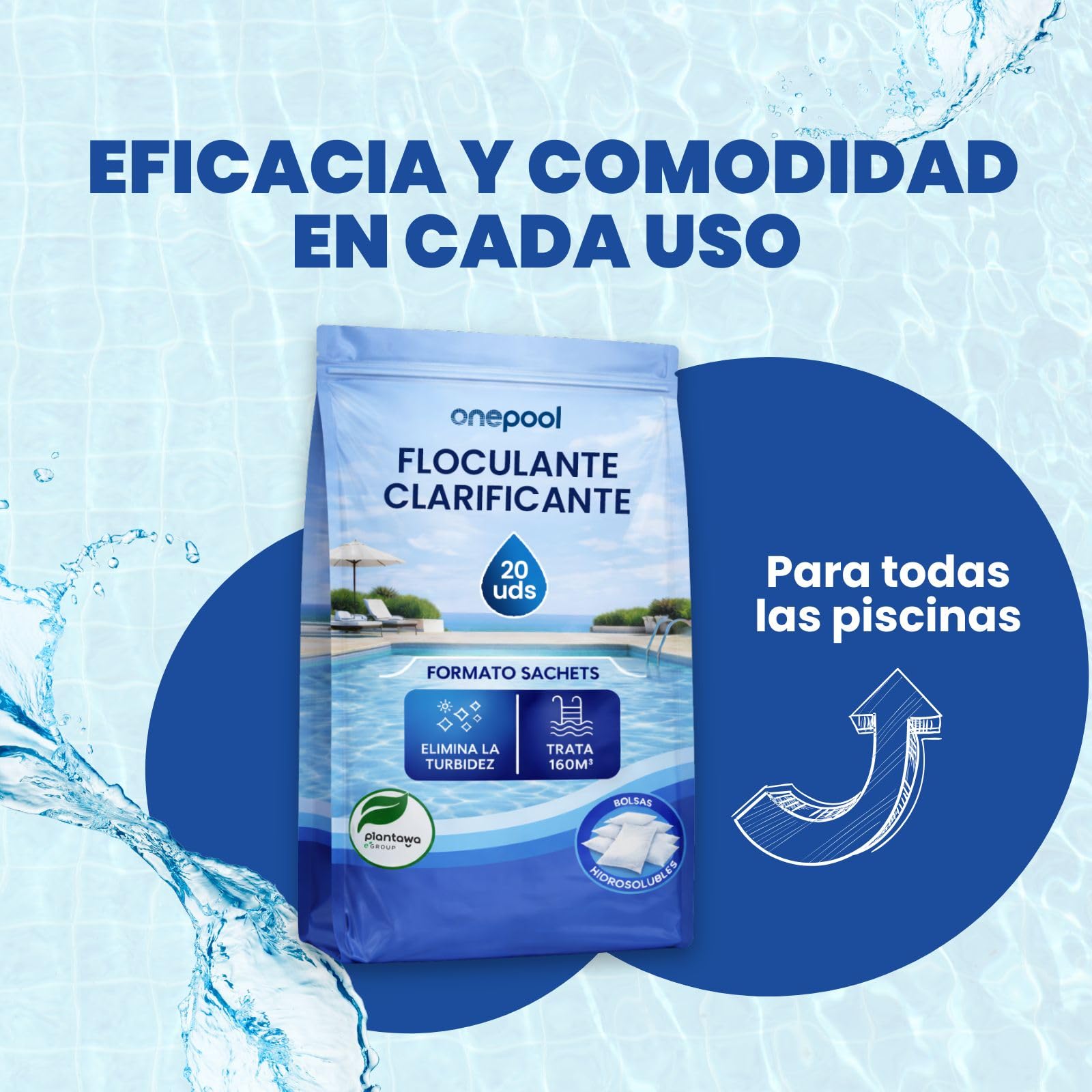 PLANTAWA Flocculante in polvere 20 bustine | Flocculante Chiarificante per Piscine, Equivale 2,5 KG, Eliminatore Turbidità, con Ingredienti Origine Vegan, Tutti i Tipi Piscine, SPA