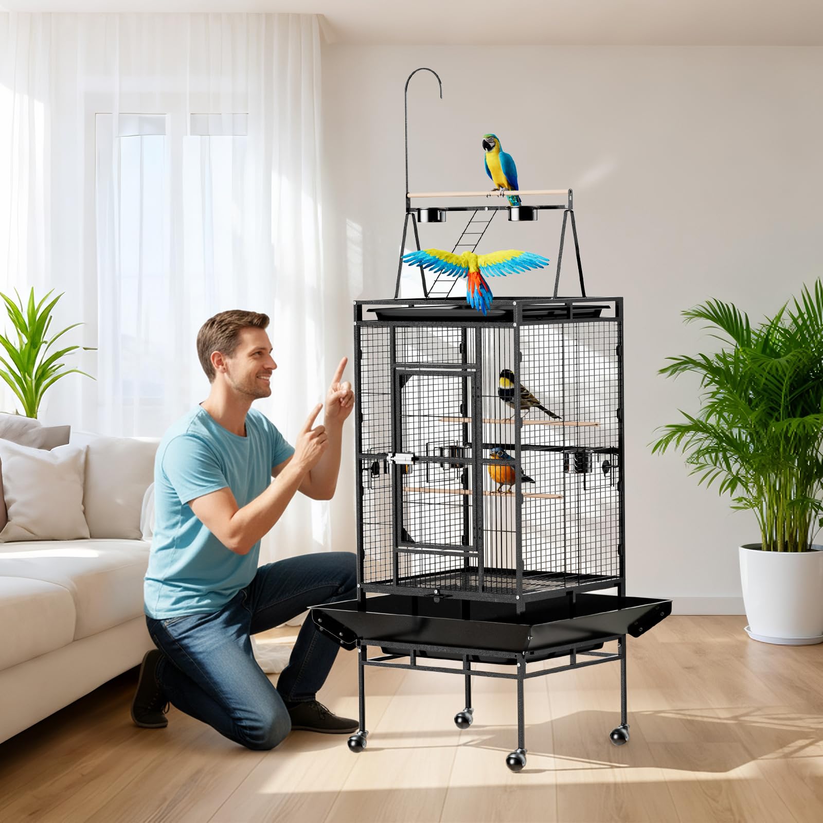 Vogelkäfig mit Spielplatz Oben, vogelkäfig groß mit 3 Holzstangen und 360° Rollen, Vogelvoliere mit 5 Futterstellen, 83 x 78 x 210 cm