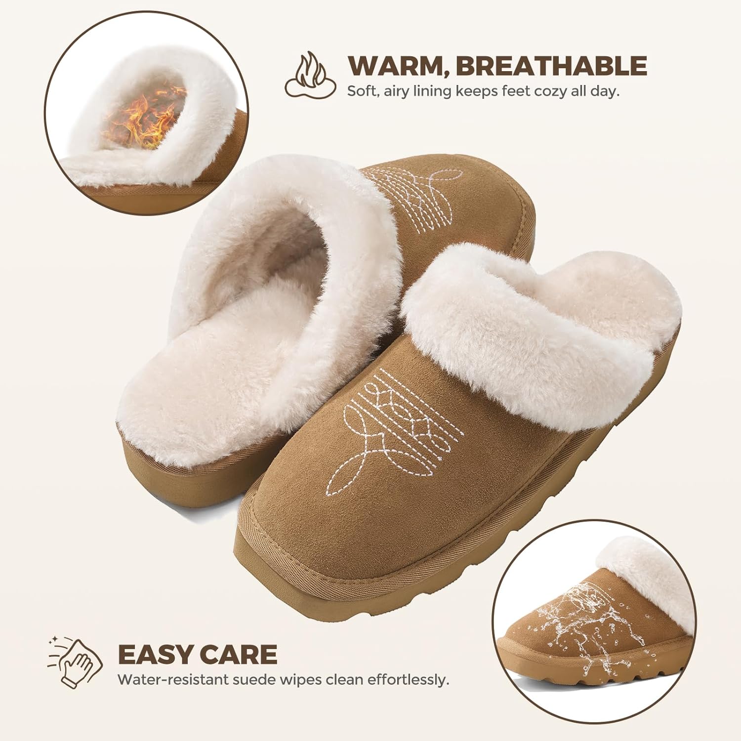 YOLIS Western Cowboy Boot Slippers, Fuzzy House Slippers for Women Memory Foam, Square Toe Cowgirl Slippers Suede Leather for Bedroom Indoor Outdoor - Image 3