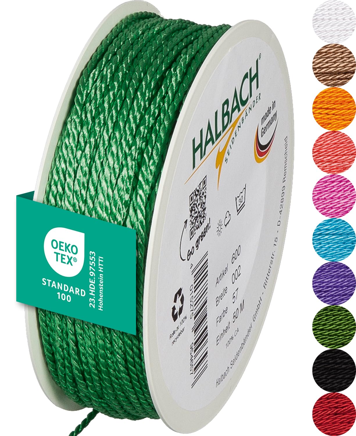 Halbach Seidenbänder Premium Kordel (leuchtendes grün) | Breite 2mm Länge 50m | Made in Germany & Öko-Tex Zertifiziert | glänzende Satinkordel aus Acetat