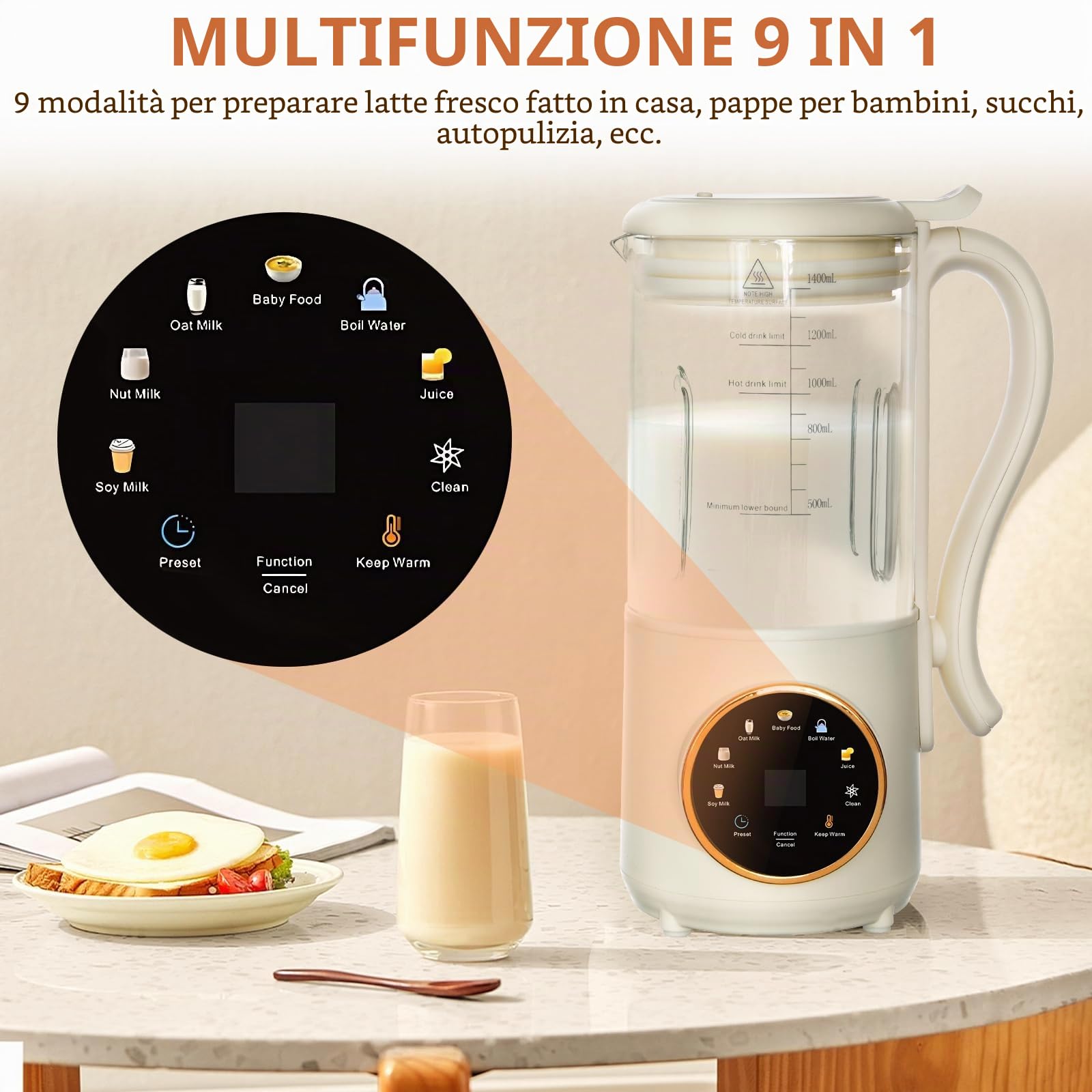Macchina per Latte di Soia 1,4L, Macchina Automatica per Latte di Noci, con Impostazione di Ritardo, Autopulente, Schermo LED, per Preparare Latte Vegetale Fatto in Casa