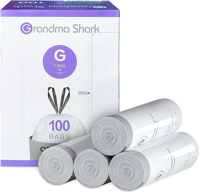 GRANDMA SHARK 30L UP TO 35L Bin Bags Liners Drawstring Trash Bag, Handle Waste Bags, 100 Garbage Bag, Super Strong, Anti-drip Unscented, 64 × 58 cm