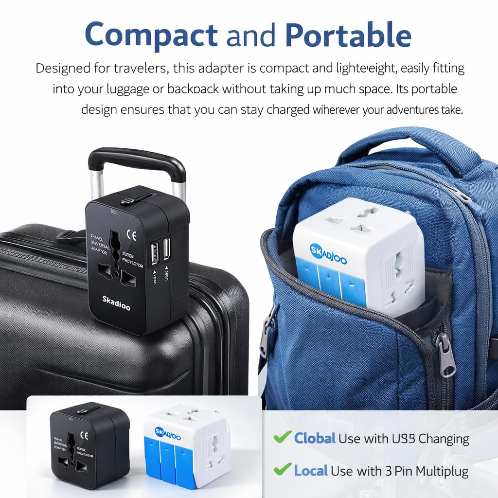 SKADIOO Universal Charger Adapter | 2 Years Warranty, 240V, 3-in-1 | Universal Travel Adapter All in One, International Travel Adapter, Multi Plug Adapter (2 USB Port - Black, White & Blue) 1