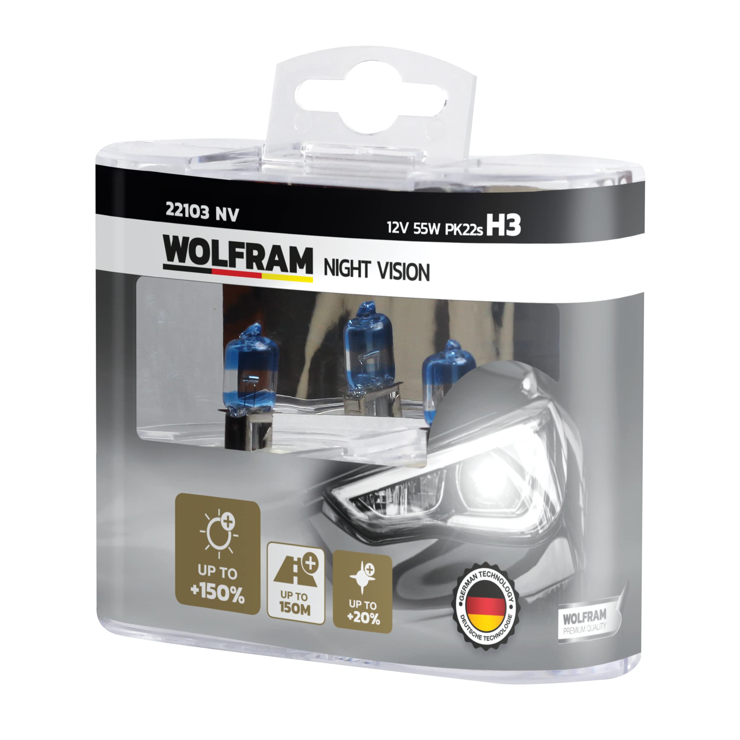 WolframNIGHT VISION HALOGEN BULB H3, 150% extra light +20% whiter light, 12V, 55W, 22103NV, DuoBox (2 lamps)