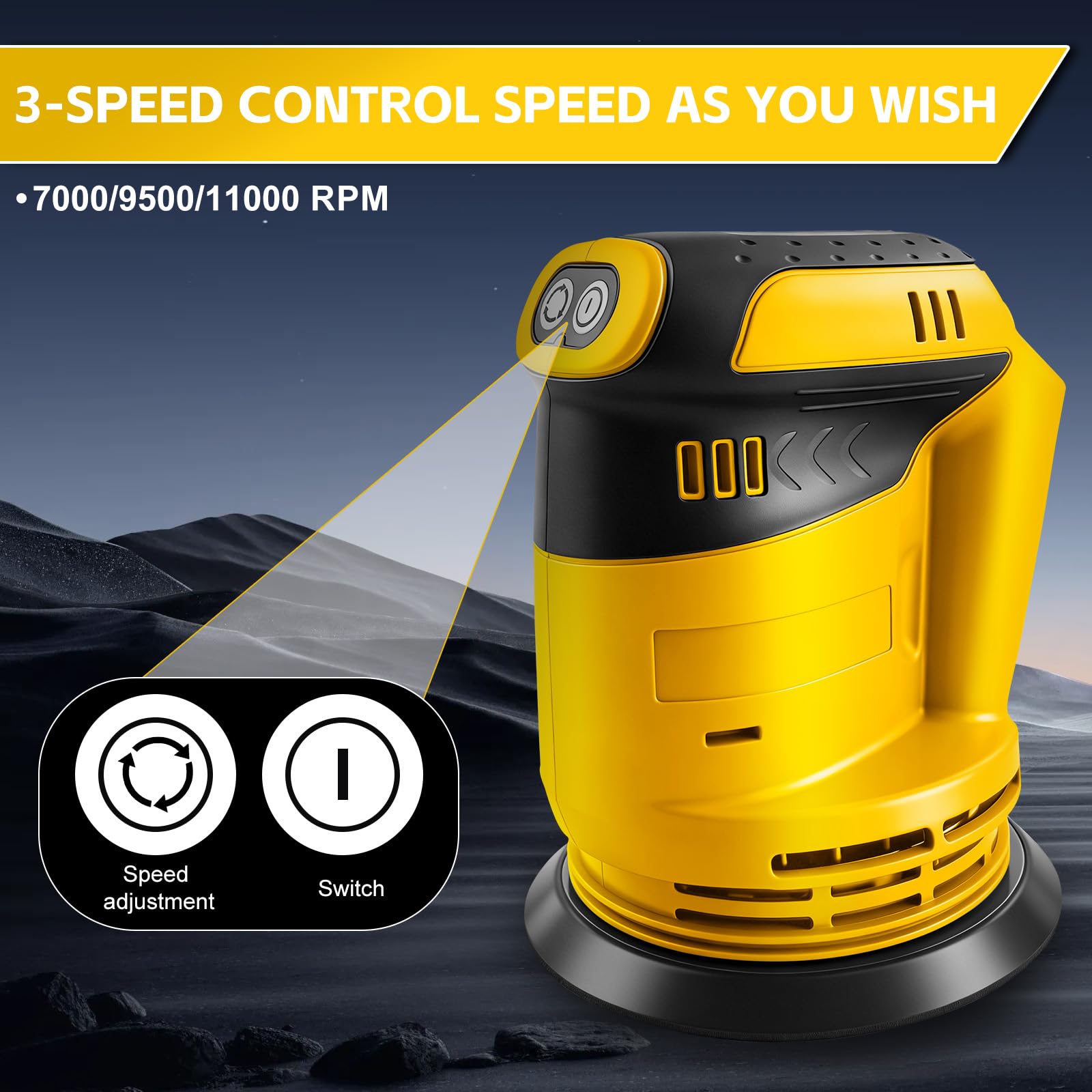Roadtime Levigatrice orbitale per batteria DeWalt da 20 V (senza batteria), smerigliatrice da 125 mm, 20,000 giri/min, 3 velocità con contenitore di raccolta della polvere e 20 carta vetrata, per