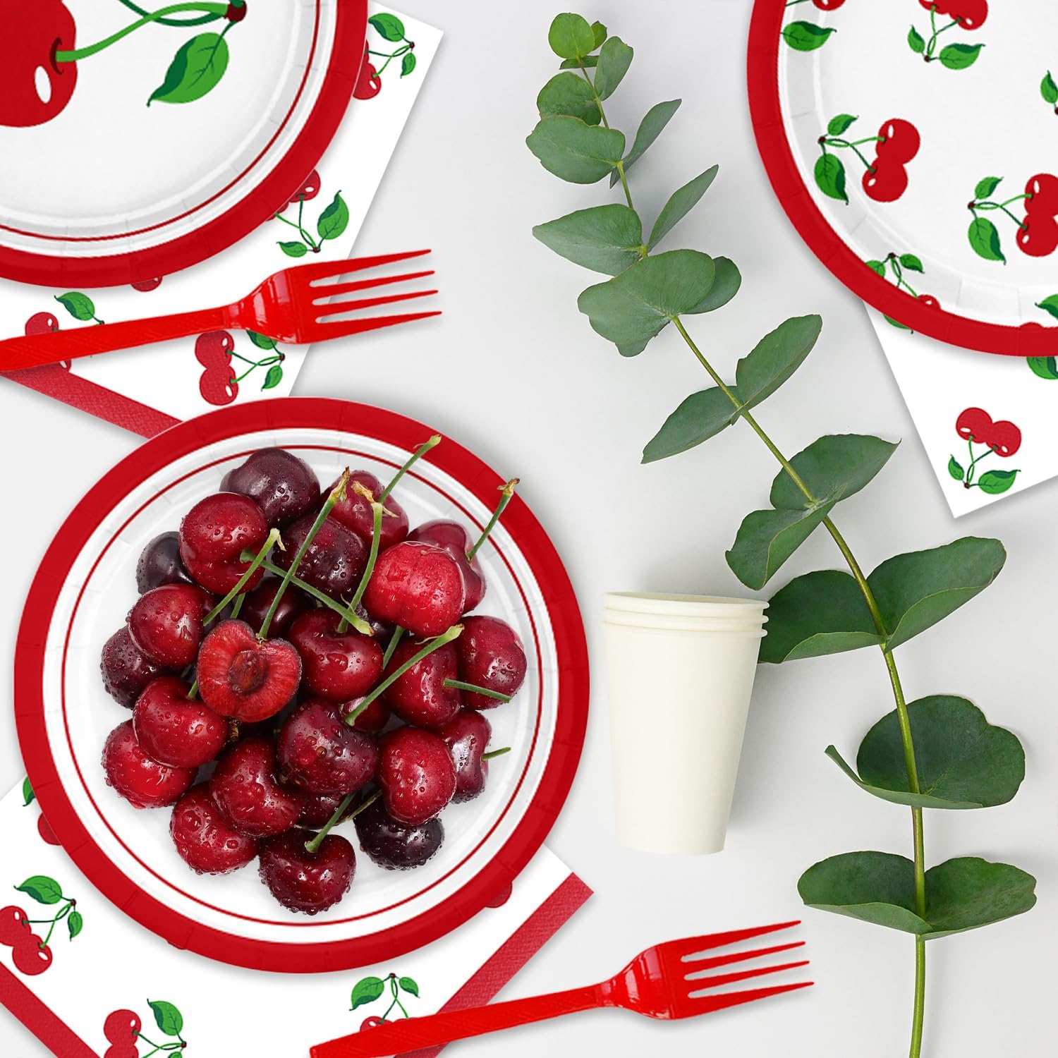 48Pcs Cherry Birthday Decorations Summer Tropical Fruit Tableware Set Cherry Disposable Plates Napkins Forks Serves 16 Wedding Bridal Baby Shower Birthday Party Supplies