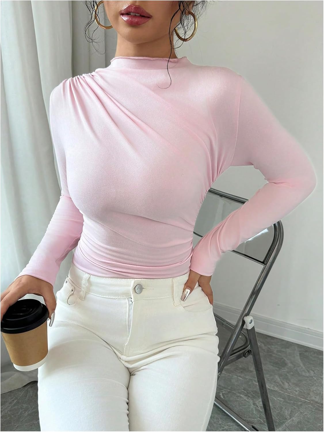 Women's Long Sleeve Elegant Top Mock Neck Ruched Tops Tight Tees Basic T Shirt - Image 3