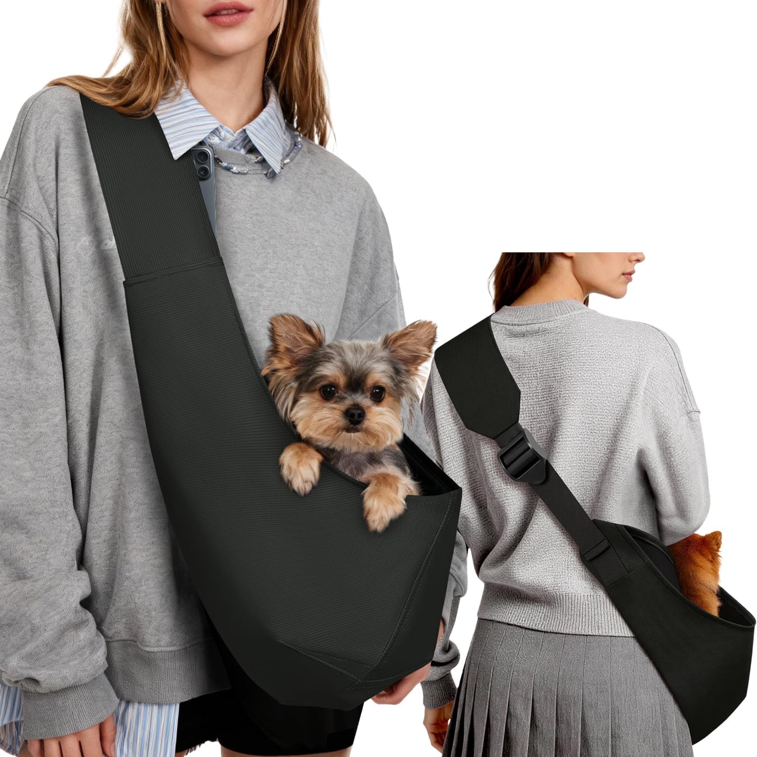 YUDODO Adjustable Dog Sling Carrier for Small Dogs Lightweight Crossbody Pet Bag with Safety Strap, Pocket Storage, Machine Washable, Comfortable Travel & Outdoor Sling up to 9 lbs Black Fashion