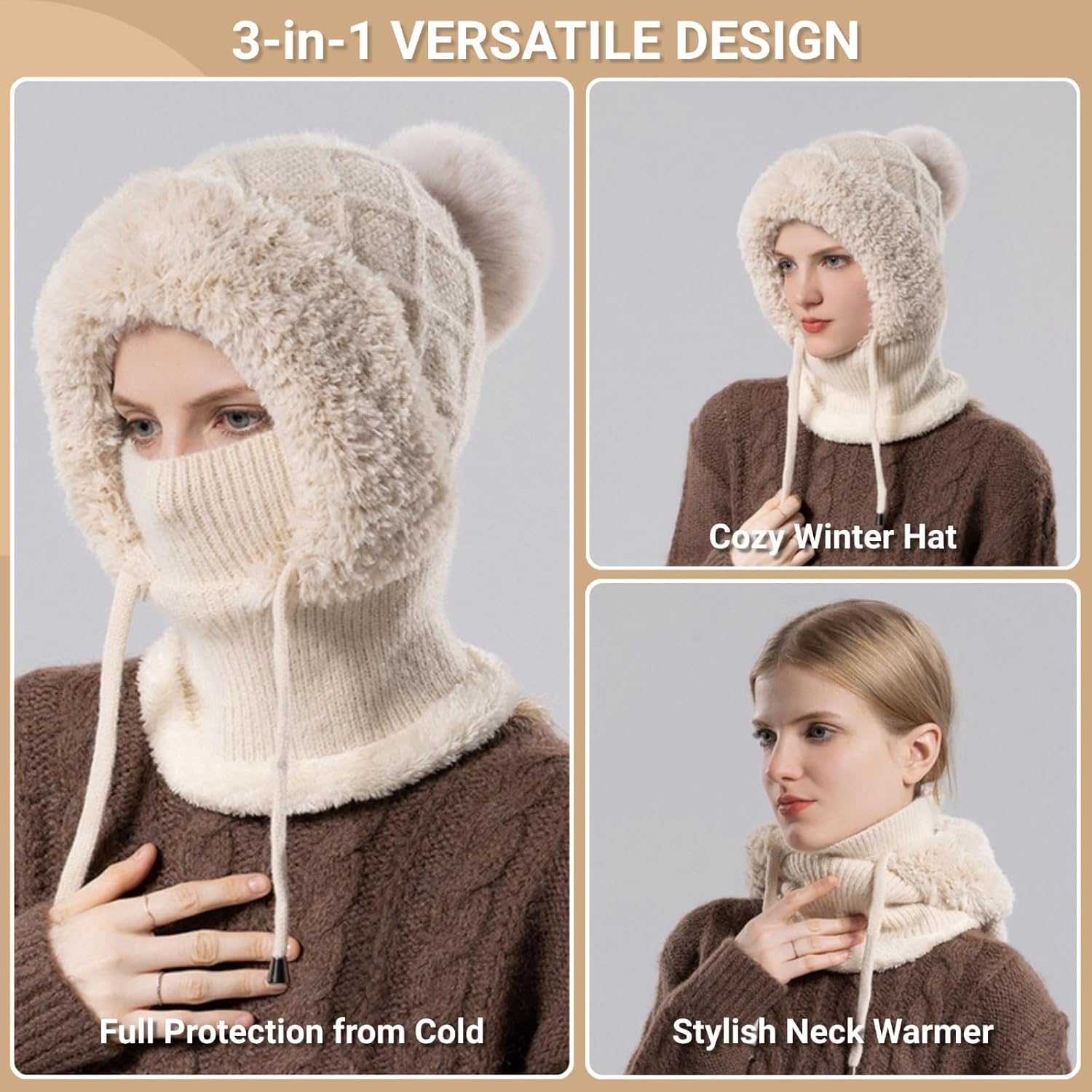 3 in 1 Beanie Hat for Women, Womens Knitted Hat in Autumn and Winter, Outdoors Fleece Lined Beanie Hat Scarf Mask Set - Image 3