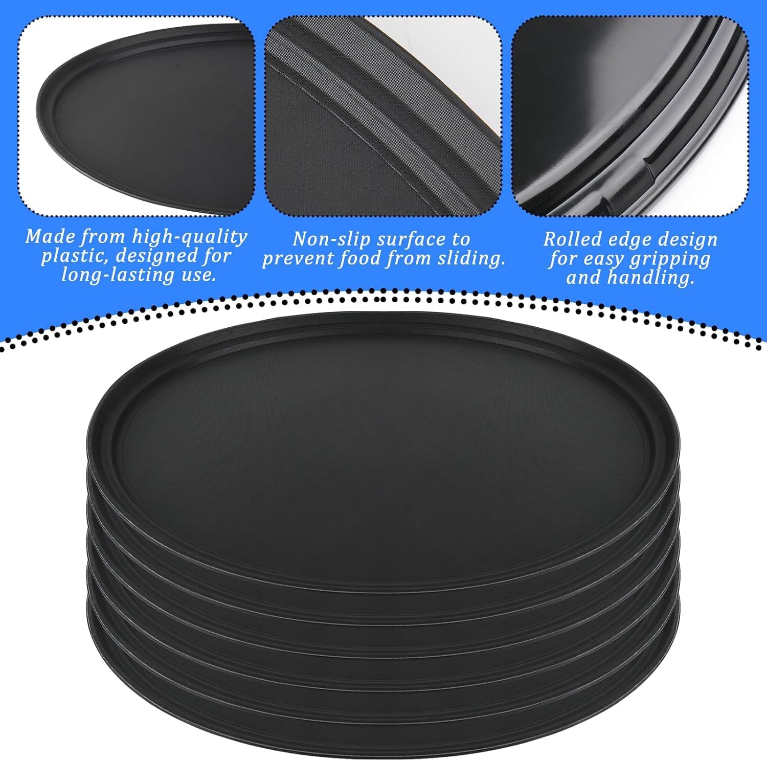 8 Pcs 24 Inch x 29 Inch Large Restaurant Serving Trays, Black PP Plastic Non Slip Tray,Oval Plastic Food Serving Tray with Raised Edges for Home Kitchen Restaurant Cafeterias Fast Food Service - Image 4