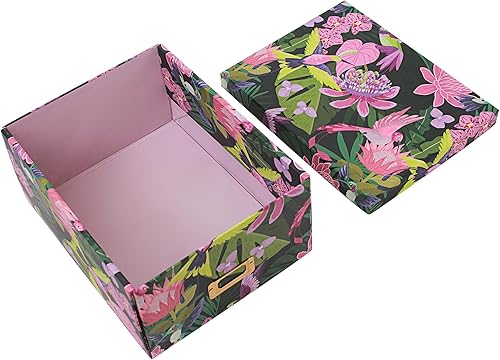 Miniatura 5 de Caja de almacenamiento decorativa con tapa, caja de cartón de cartón, verde, plegable, floral tropical con colibríes, caja de almacenamiento de