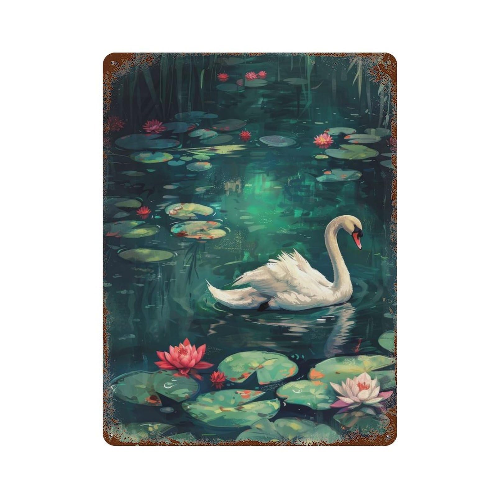 Aged Metal Wall Plaque with Swan in A Lily Pond Design 15.7"x11.8", for Basement, Hobby Room And Garage Decor, Farmhouse Wall Decor