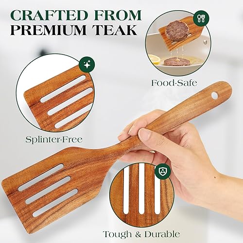Miniatura 2 de Bkiok Espátula ranurada de madera para cocinar, espátula plana de madera de teca hecha a mano para utensilios de cocina antiadherentes