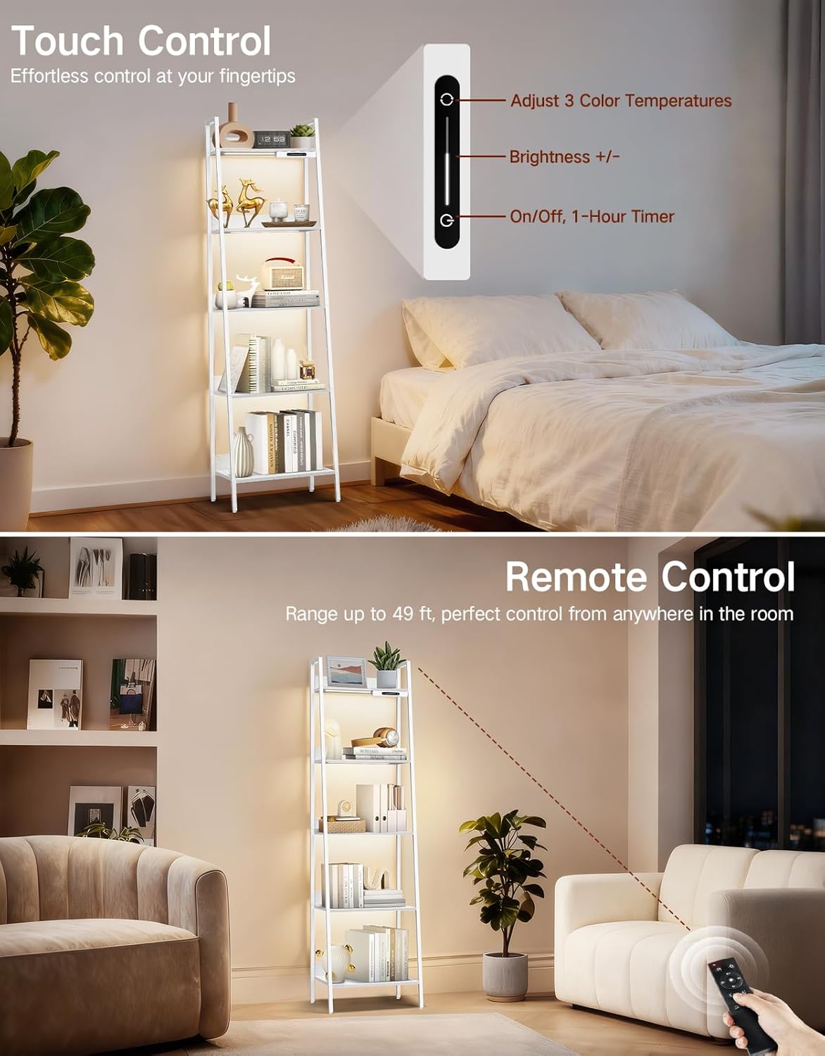 5-Tier Small Ladder Shelf with LED Lights, Touch & Remote Control, 3 Color Temperatures, Dimmable Tall Corner Standing Bookcase, Metal Wood Display Shelf for Living Room, Bedroom(White)
