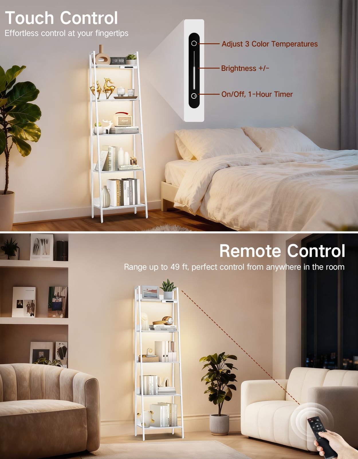 Piccola Libreria a Scala a 5 Ripiani con Luce LED, Touch e Telecomando, 3 Temperature di Colore, Scaffale Angolare Alta Dimmerabile in Metallo e Legno per Soggiorno e Camera da Letto
