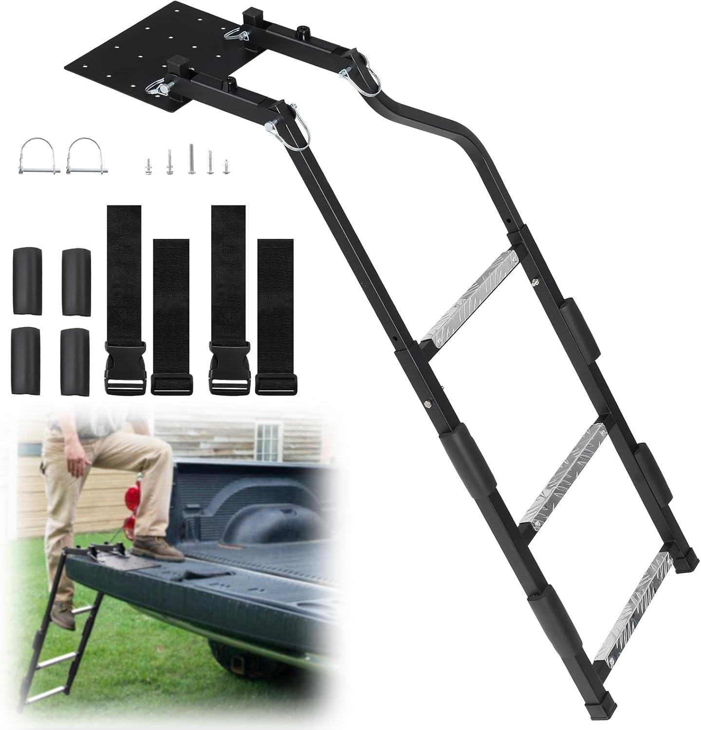 Tailgate Ladder for Pickup Trucks- Heavy Duty Foldable Rear Ladder Anti-Slip Steps, Adjustable Height Universal Fit Truck Accessories for Ram Ford Chevy GMC, Easy Installation with 4 Screw Options