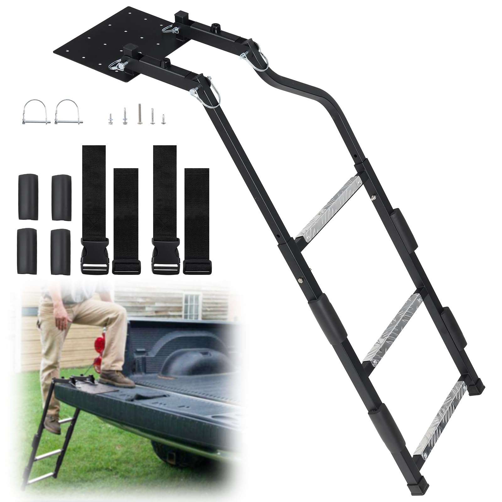 Tailgate Ladder for Pickup Trucks- Heavy Duty Foldable Rear Ladder Anti-Slip Steps, Adjustable Height Universal Fit Truck Accessories for Ram Ford Chevy GMC, Easy Installation with 4 Screw Options