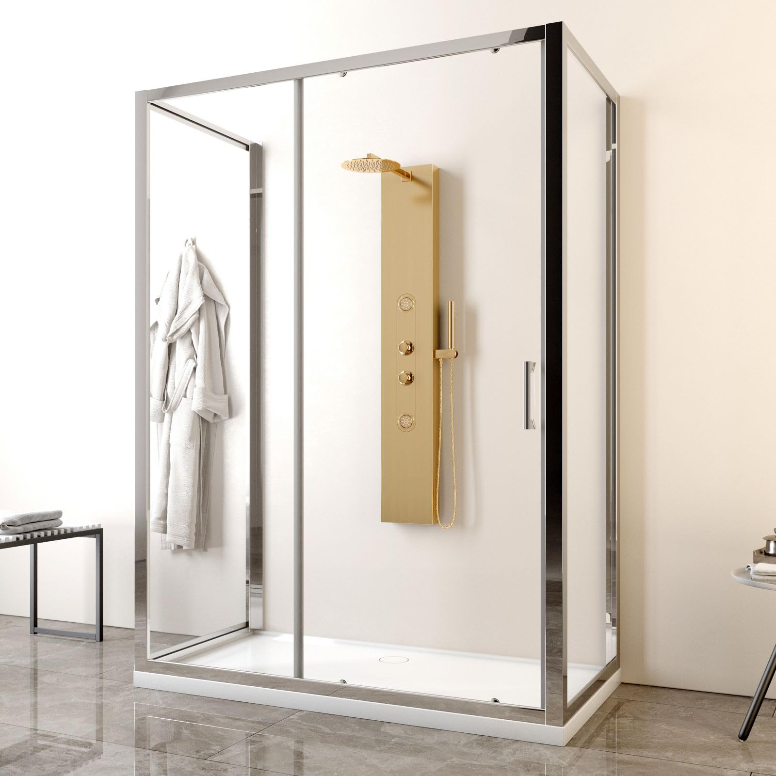 Colonna pannello doccia in acciaio inox con doccetta, flessibile e getti orizzontali massage modello andromeda, Oro Satinato