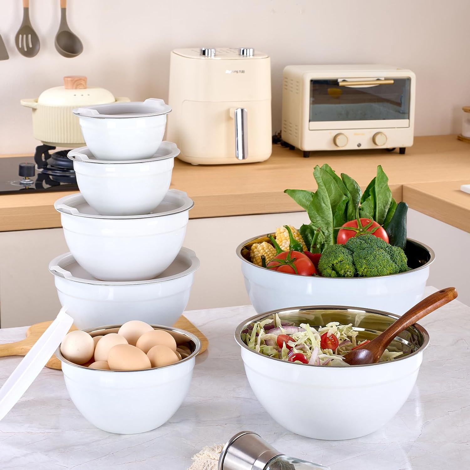 White Mixing Bowls with Lids Set of 7, Stainless Steel Nesting Bowl with Khaki Lid for Non-slip Mixing Prepping Storing Serving, 7 Sizes-7/3.6/2.7/2.1/1.5/1/0.8 QT - Image 9