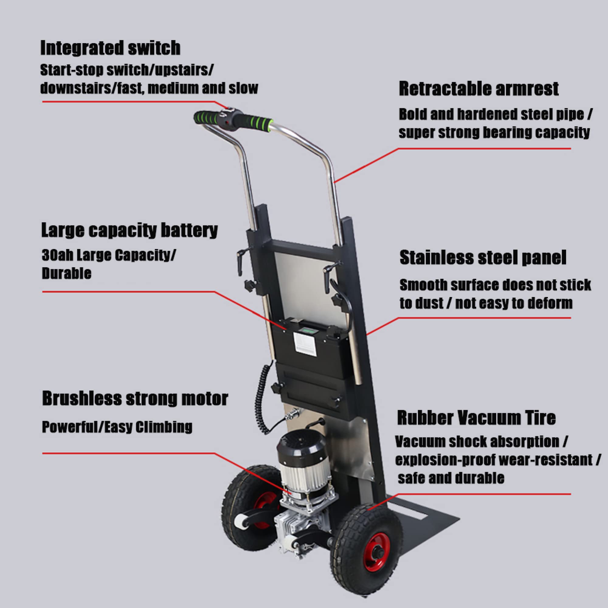 FAXIOAWA Carrello Elettrico per Scale su e Giù per Scale Carrello a Mano 1000w Carrello Piatto Alimentato da 770 libbre Carrelli a Mano industriali -48V 30AH