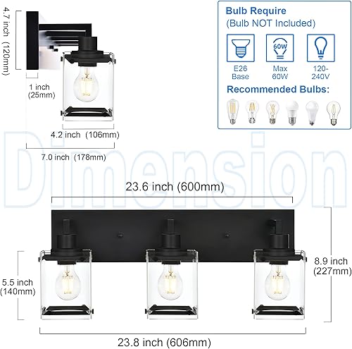 Miniatura 2 de MELUCEE Lámpara de baño de 5 luces sobre el espejo, lámpara de tocador negra de granja con pantalla rectangular de vidrio transparente, lámpara