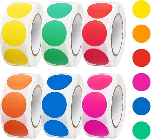 3000 etiquetas circulares redondas de código de color de 34 pulgadas, 6 rollos, 500 etiquetasrollo (incluye amarillo brillante, verde, rojo, rosa,