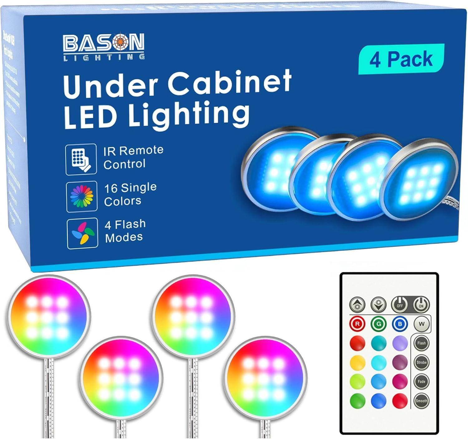 BASON LIGHTING RGB Under Cabinet Lighting, Wireless Remote Control, 16-Color Plug in Puck Lights, Dimmable LED Cabinet Light Kit for Kitchen, Bookshelf, Counter, 4 Pack