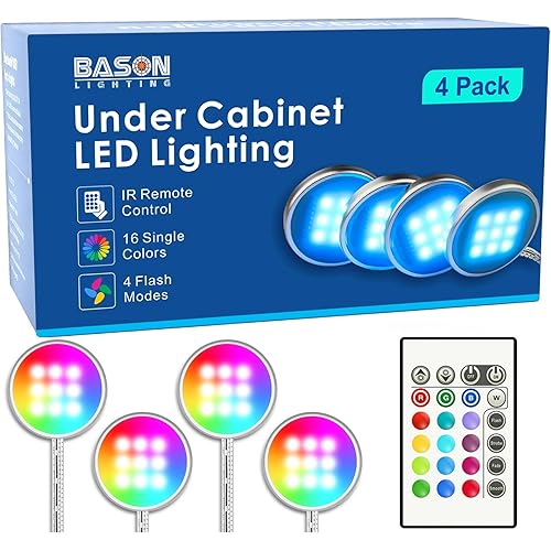 BASON LIGHTING RGB Under Cabinet Lighting, Wireless Remote Control, 16-Color Plug in Puck Lights, Dimmable LED Cabinet Light Kit for Kitchen, Bookshelf, Counter, 4 Pack