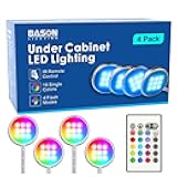 BASON LIGHTING RGB Under Cabinet Lighting, Wireless Remote Control, 16-Color Plug in Puck Lights, Dimmable LED Cabinet Light Kit for Kitchen, Bookshelf, Counter, 4 Pack