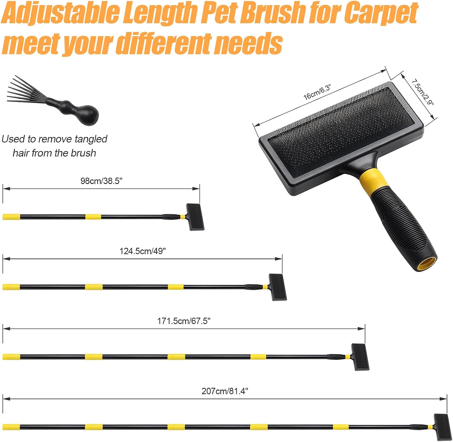 HVAC Coil Cleaning Brush with Long Handle, 38-81” Double Sided Cleaning Slicker Brush for Dogs& Cats with Pet Hair Removal Glove, Carpet Brush Rake for Rugs, Mats, Couch, Furniture