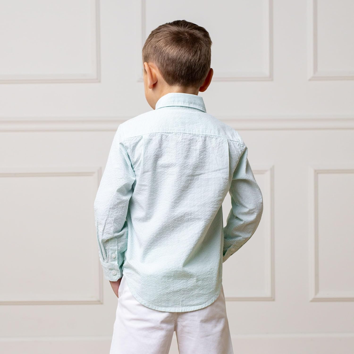Hope & Henry Boys Boys' Organic Long Sleeve Seersucker Button Down Shirt, Small, Mint Seersucker - Image 3