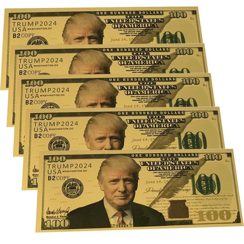 YIQILAFADA Lot de 5 billets de banque Trump en or 2024, 100 billets de banque authentiques du président Donald Trump plaqués or 24 carats