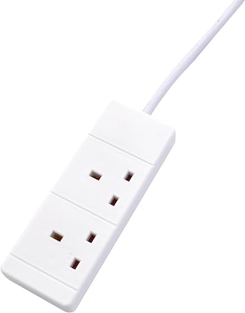 2-Way Extension Lead - Two Gang Multi Plug Socket - White Power Cable 1m