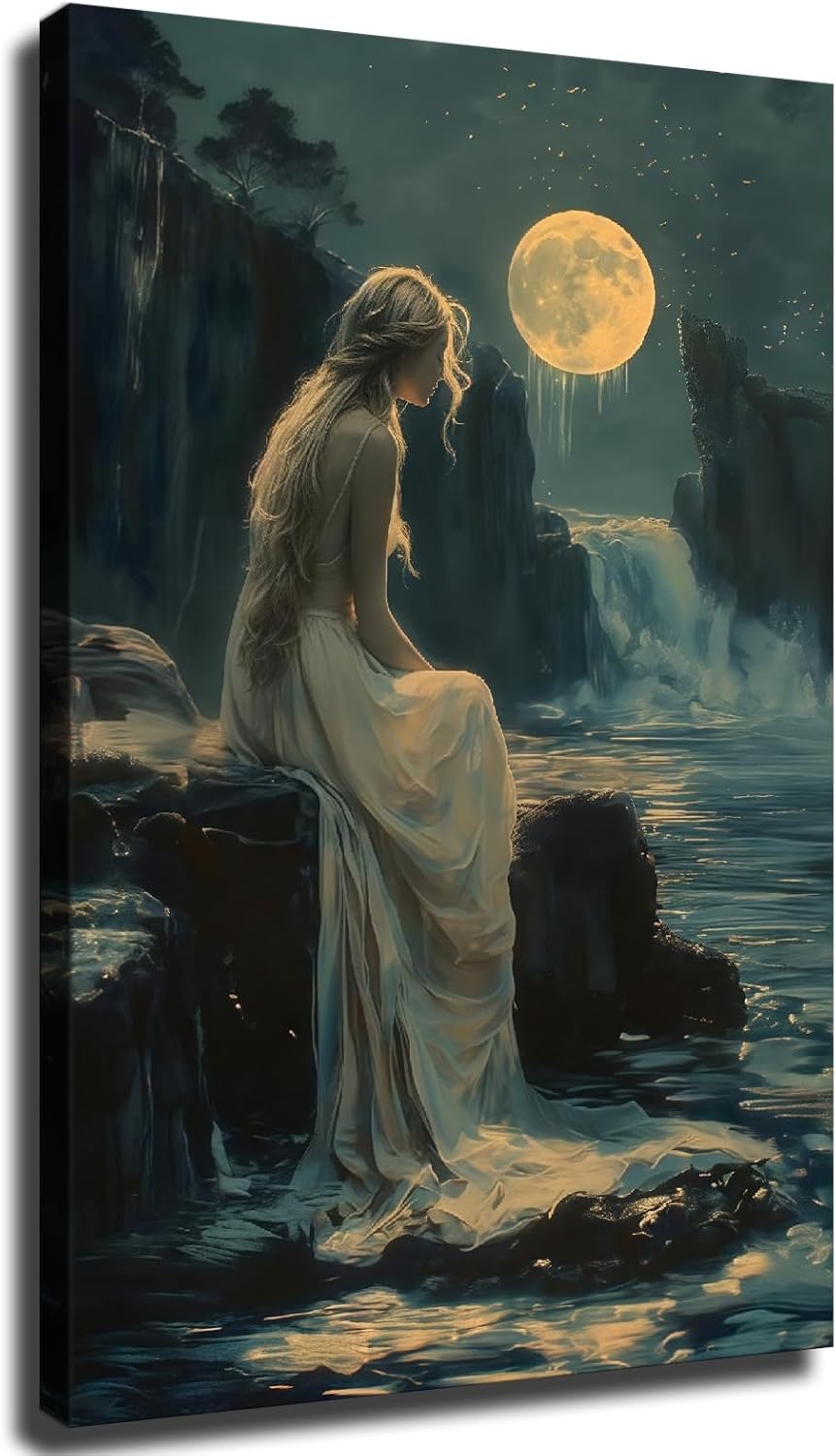 Generic Witch Waterfall and Moon Wall Art, Moody Victorian Girl Wall Art, Dark Academia Print, Gothic Woman Dark Home Decor (Framed,08×12 inch)