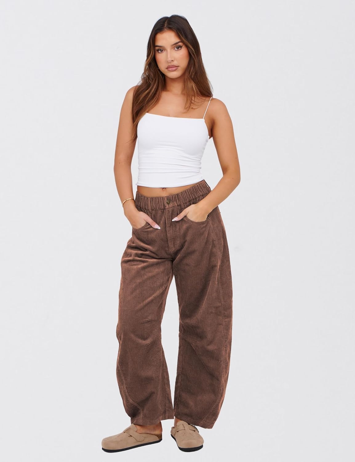 SeekMe Women's Corduroy Pants Barrel Mid-Rise Elastic Waist Cord Pants Casual Wide Leg Baggy Trouser with Pockets - Image 3