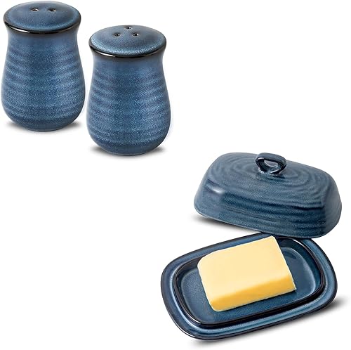 Juego de 3 piezas de cerámica, juego de salero y pimentero, plato de mantequilla con tapa, azul