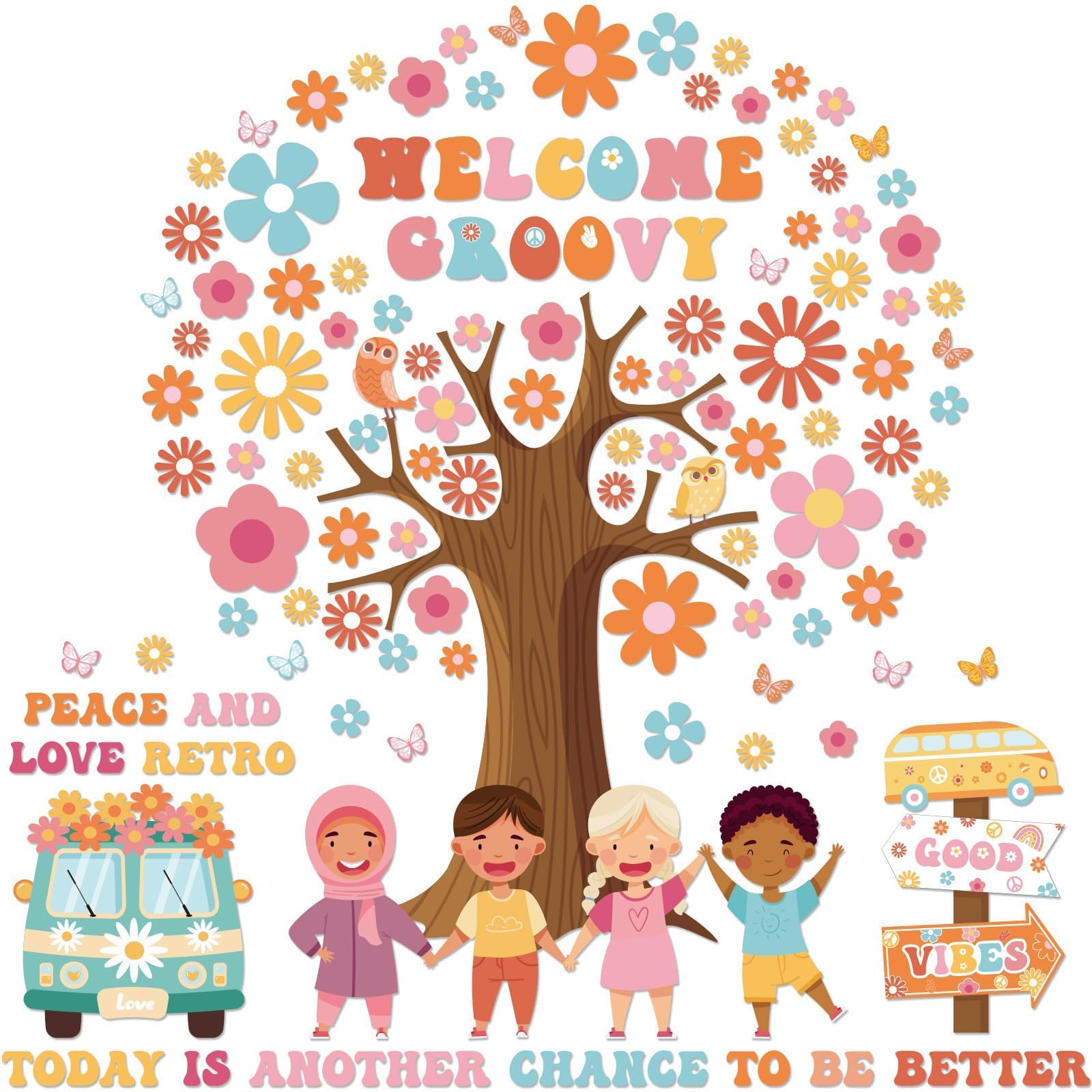 QyeahkjQyeahkj 115Pcs Groovy Classroom Tree Bulletin Board Decorations Set Motivational Welcome Accents Tree Wall Bulletin Decor Boho Daisy Owls Cut-Outs for Back to School Blackboard Decor Teacher Supplies